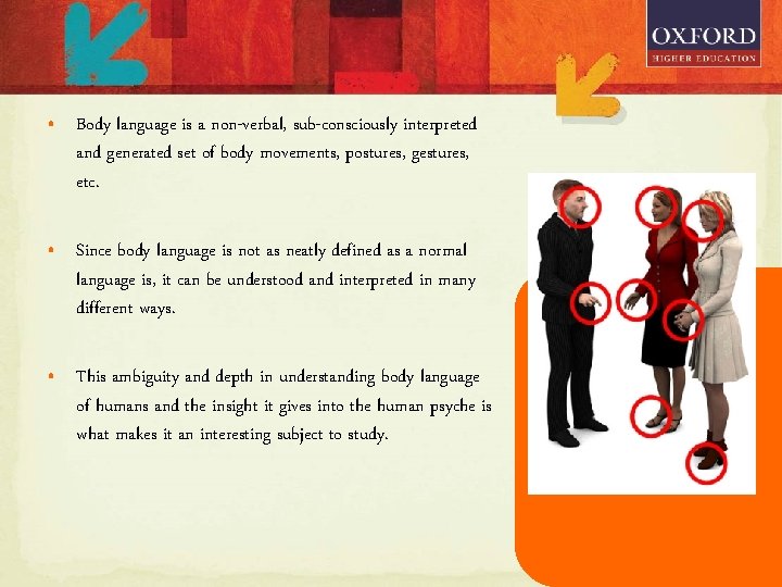  • Body language is a non-verbal, sub-consciously interpreted and generated set of body