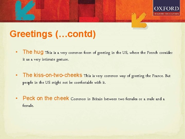 Greetings (…contd) • The hug This is a very common form of greeting in