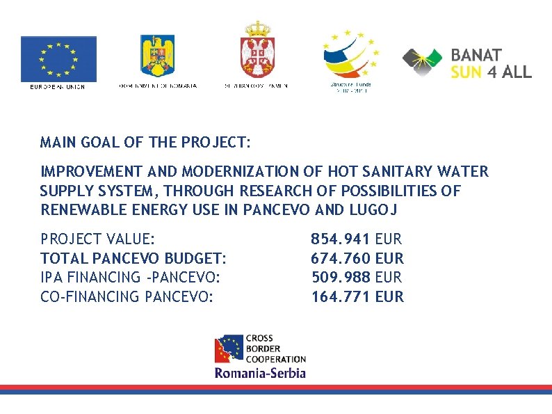 MAIN GOAL OF THE PROJECT: IMPROVEMENT AND MODERNIZATION OF HOT SANITARY WATER SUPPLY SYSTEM,