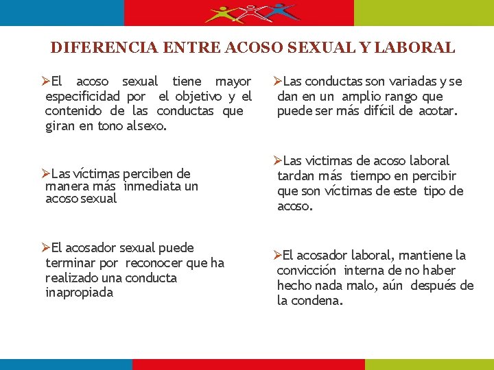 DIFERENCIA ENTRE ACOSO SEXUAL Y LABORAL El acoso sexual tiene mayor especificidad por el