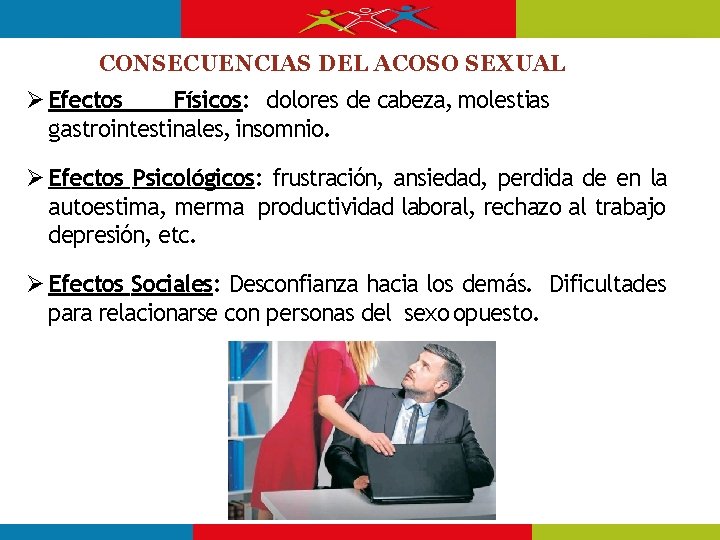 CONSECUENCIAS DEL ACOSO SEXUAL Efectos Físicos: dolores de cabeza, molestias gastrointestinales, insomnio. Efectos Psicológicos: