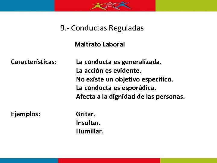 9. - Conductas Reguladas Características: Ejemplos: Maltrato Laboral La conducta es generalizada. La acción