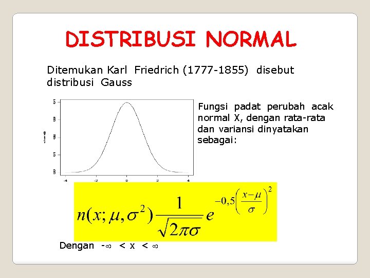 DISTRIBUSI NORMAL Ditemukan Karl Friedrich (1777 -1855) disebut distribusi Gauss Fungsi padat perubah acak