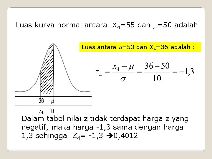 Luas kurva normal antara X 4=55 dan =50 adalah Luas antara =50 dan X