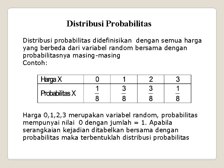 Distribusi Probabilitas Distribusi probabilitas didefinisikan dengan semua harga yang berbeda dari variabel random bersama
