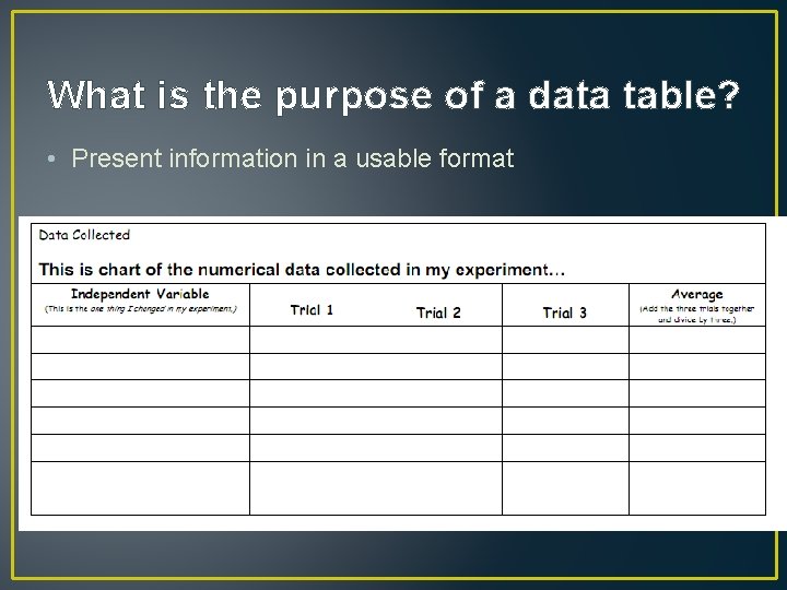 What is the purpose of a data table? • Present information in a usable