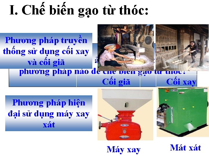 I. Chế biến gạo từ thóc: Phương pháp truyền thống sử dụng cối xay