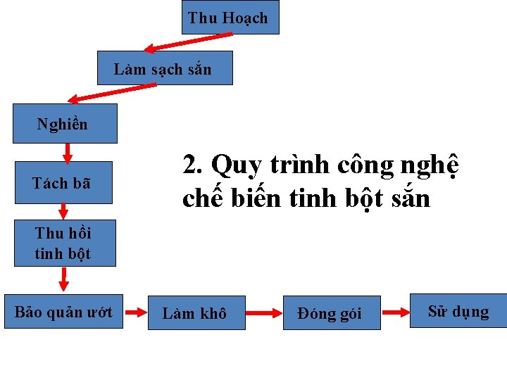 Thu Hoạch Làm sạch sắn Nghiền Tách bã 2. Quy trình công nghệ chế