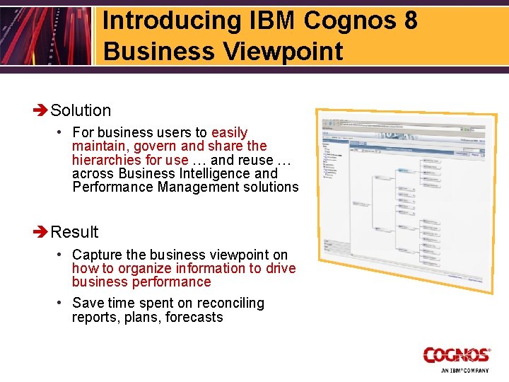 Introducing IBM Cognos 8 Business Viewpoint è Solution • For business users to easily