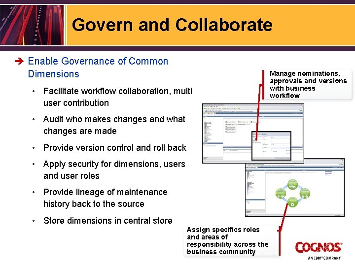 Govern and Collaborate è Enable Governance of Common Dimensions • Facilitate workflow collaboration, multi
