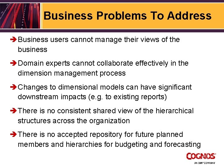 Business Problems To Address è Business users cannot manage their views of the business