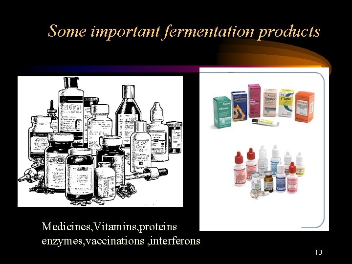 Some important fermentation products Medicines, Vitamins, proteins enzymes, vaccinations , interferons 18 