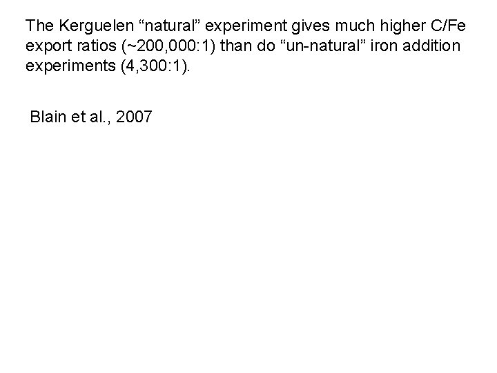 The Kerguelen “natural” experiment gives much higher C/Fe export ratios (~200, 000: 1) than