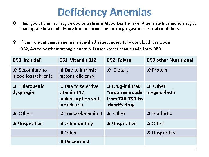 Deficiency Anemias v This type of anemia may be due to a chronic blood