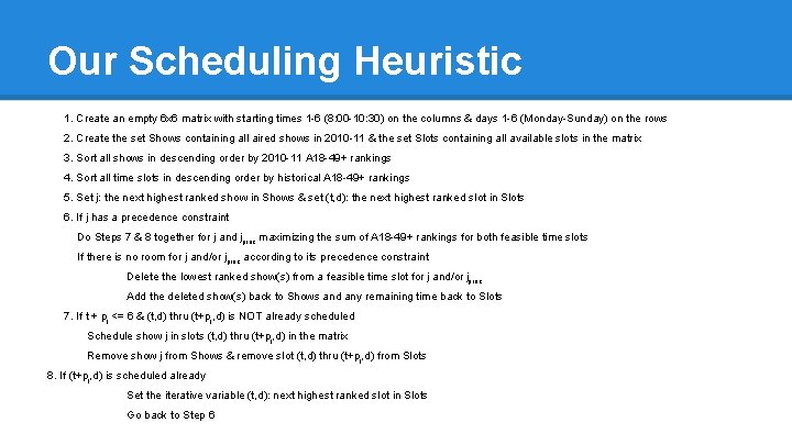 Our Scheduling Heuristic 1. Create an empty 6 x 6 matrix with starting times