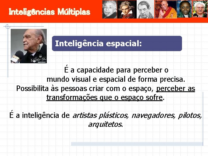 Inteligências Múltiplas Inteligência espacial: É a capacidade para perceber o mundo visual e espacial
