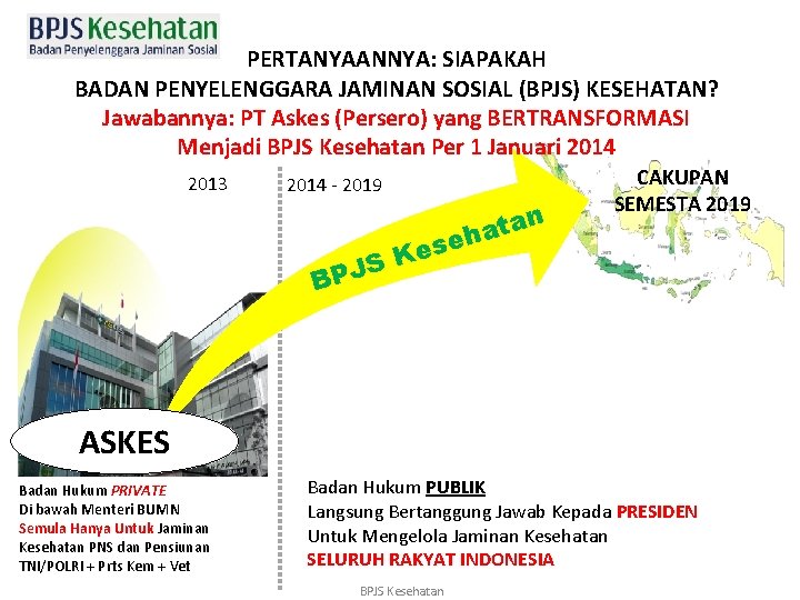 PERTANYAANNYA: SIAPAKAH BADAN PENYELENGGARA JAMINAN SOSIAL (BPJS) KESEHATAN? Jawabannya: PT Askes (Persero) yang BERTRANSFORMASI