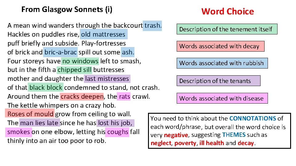 From Glasgow Sonnets (i) Word Choice A mean wind wanders through the backcourt trash.