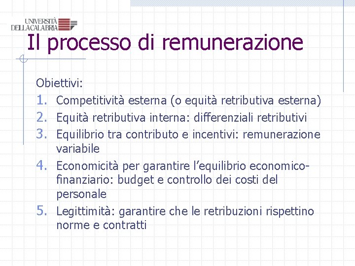 Il processo di remunerazione Obiettivi: 1. Competitività esterna (o equità retributiva esterna) 2. Equità