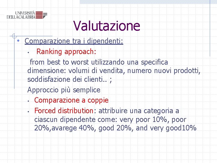 Valutazione • Comparazione tra i dipendenti: Ranking approach: from best to worst utilizzando una