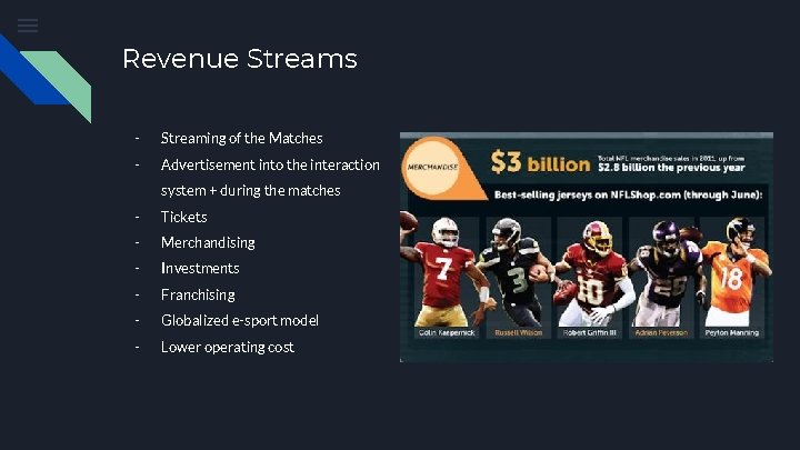 Revenue Streams - Streaming of the Matches - Advertisement into the interaction system +