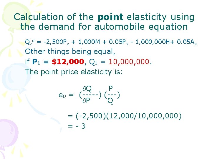 Calculation of the point elasticity using the demand for automobile equation Qxd = -2,