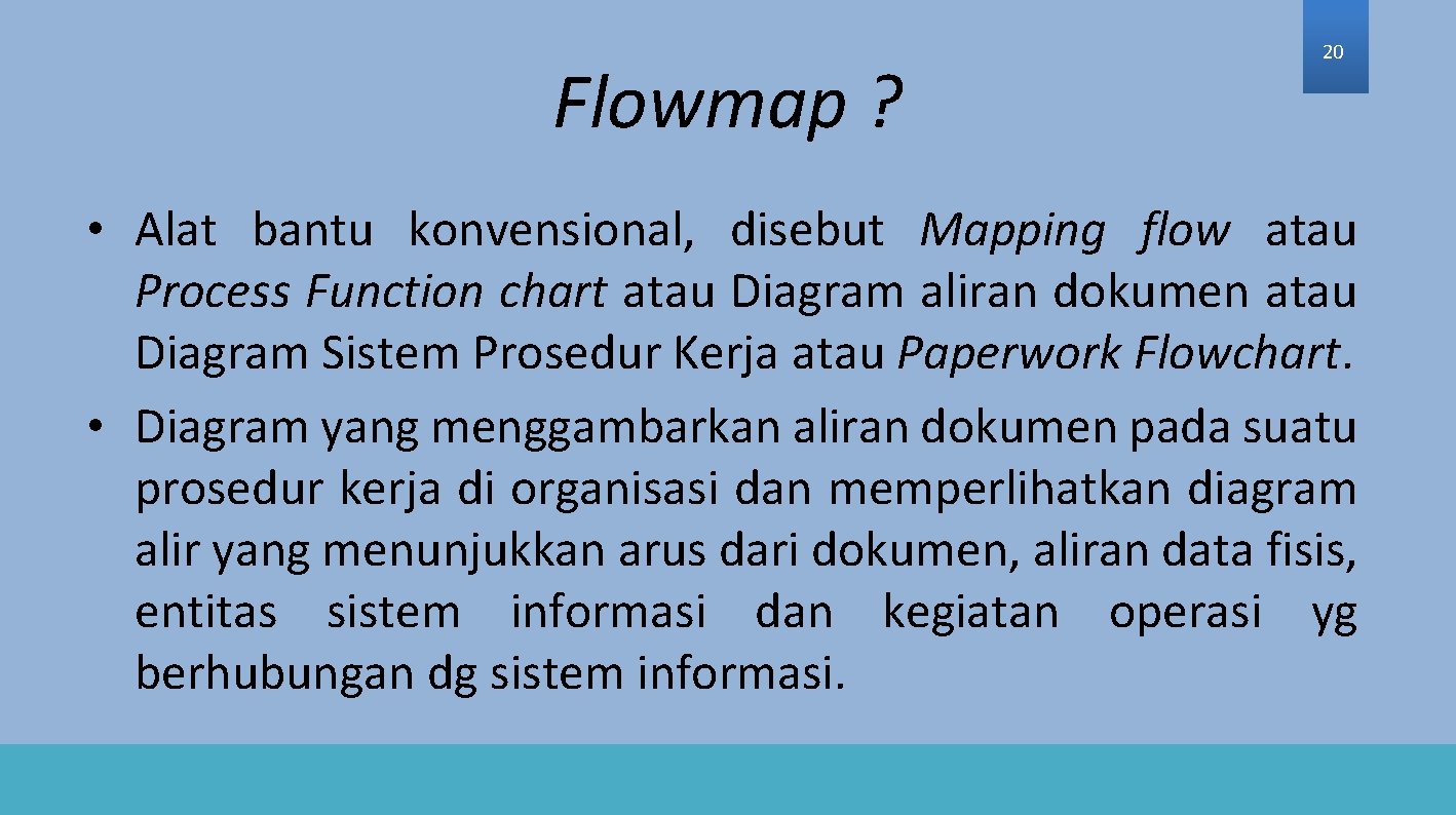 Flowmap ? 20 • Alat bantu konvensional, disebut Mapping flow atau Process Function chart