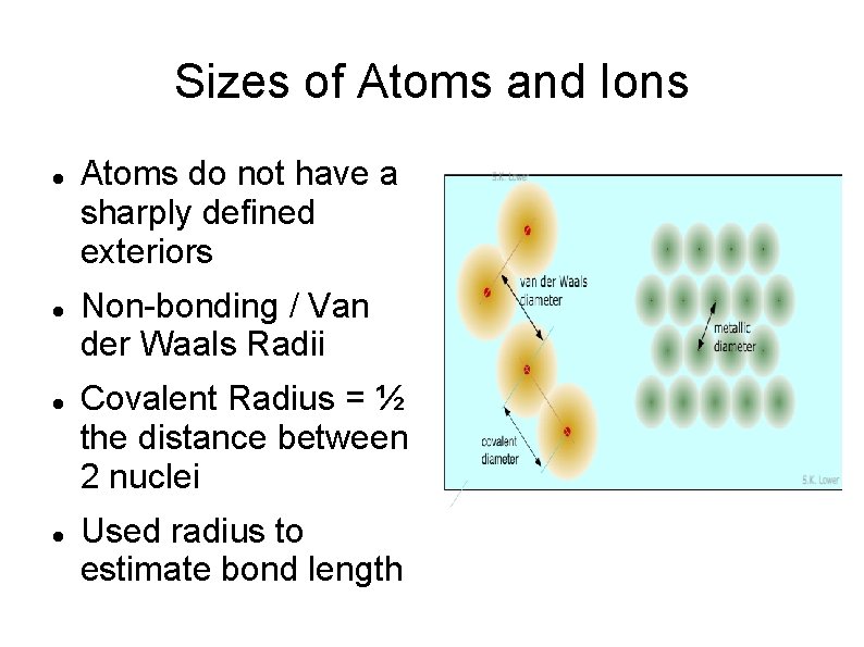 Sizes of Atoms and Ions Atoms do not have a sharply defined exteriors Non-bonding