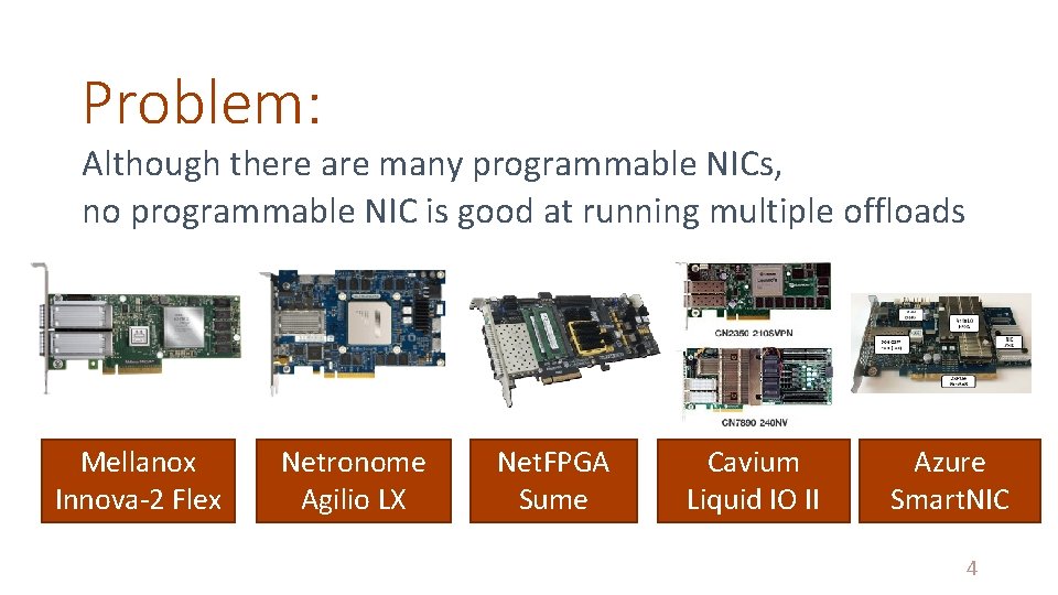 Problem: Although there are many programmable NICs, no programmable NIC is good at running