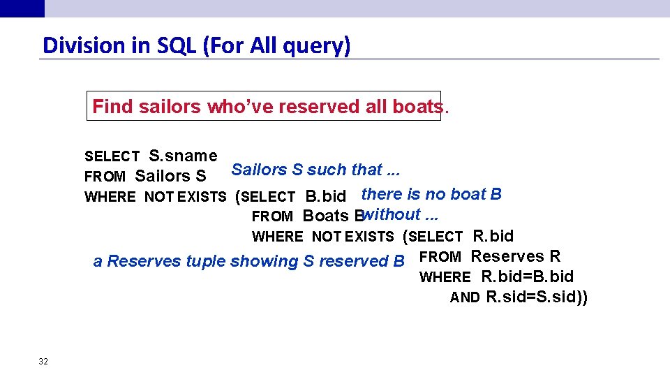 Division in SQL (For All query) Find sailors who’ve reserved all boats. SELECT S. Division in SQL (For All query) Find sailors who’ve reserved all boats. SELECT S.