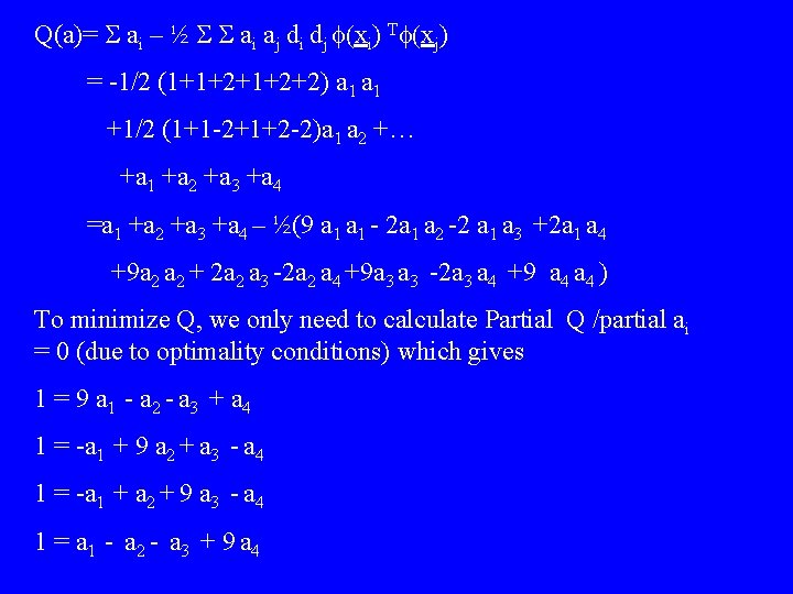 Q(a)= S ai – ½ S S ai aj di dj f(xi) Tf(xj) =