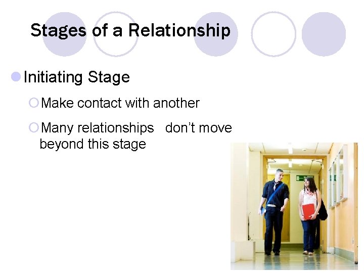 Stages of a Relationship l Initiating Stage ¡Make contact with another ¡Many relationships don’t