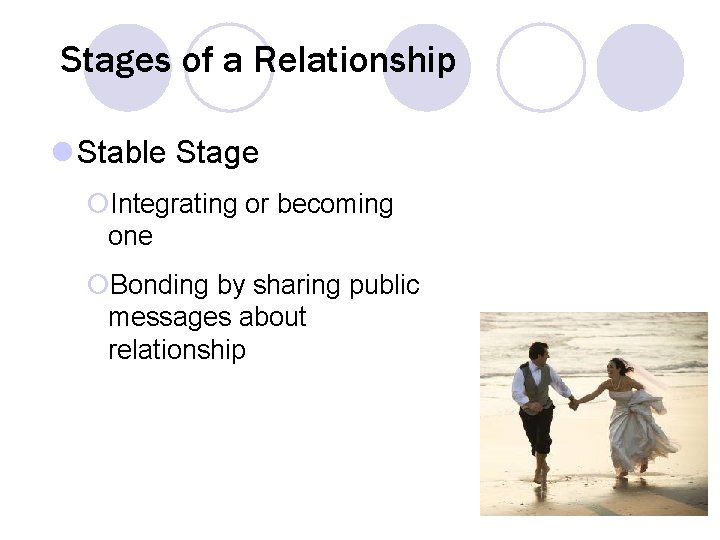 Stages of a Relationship l Stable Stage ¡Integrating or becoming one ¡Bonding by sharing