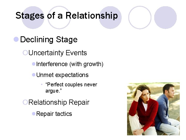 Stages of a Relationship l Declining Stage ¡Uncertainty Events l. Interference (with growth) l.