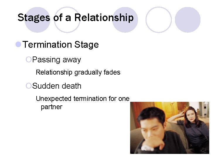 Stages of a Relationship l Termination Stage ¡Passing away Relationship gradually fades ¡Sudden death