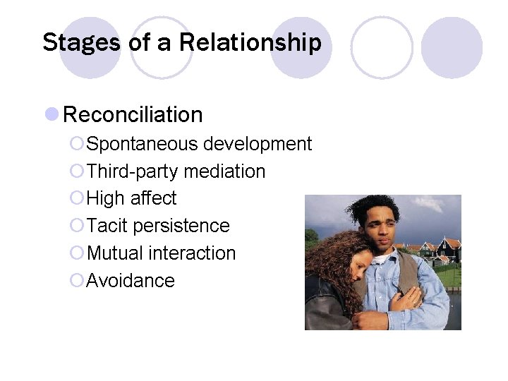 Stages of a Relationship l Reconciliation ¡Spontaneous development ¡Third-party mediation ¡High affect ¡Tacit persistence