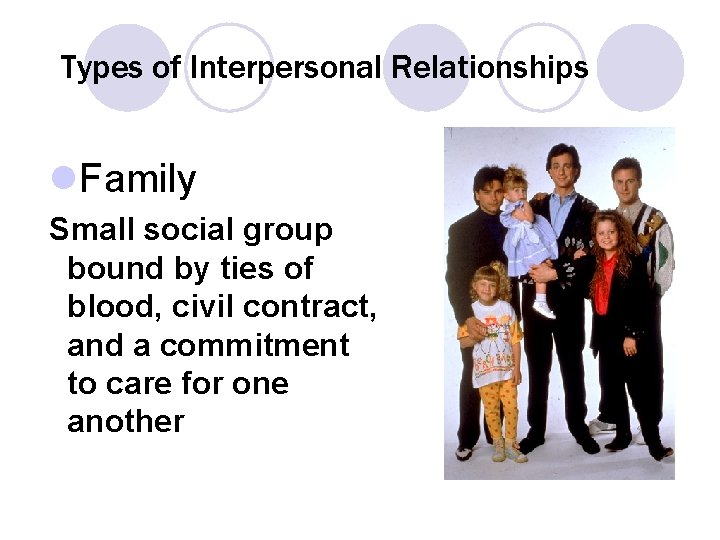 Types of Interpersonal Relationships l. Family Small social group bound by ties of blood,