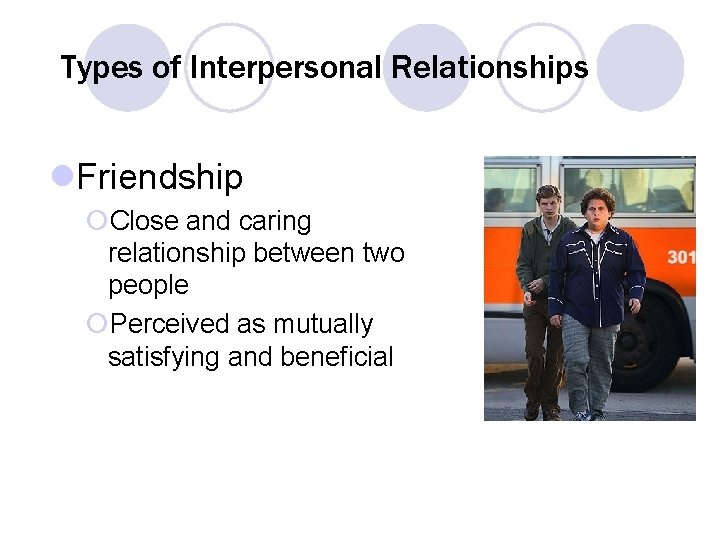 Types of Interpersonal Relationships l. Friendship ¡Close and caring relationship between two people ¡Perceived