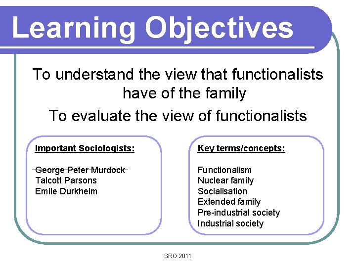 Learning Objectives To understand the view that functionalists have of the family To evaluate