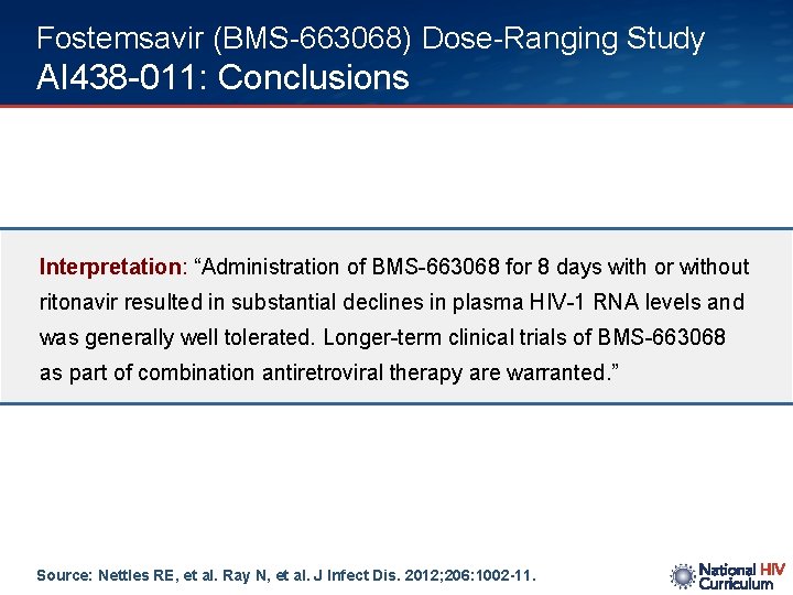 Fostemsavir (BMS-663068) Dose-Ranging Study AI 438 -011: Conclusions Interpretation: “Administration of BMS-663068 for 8