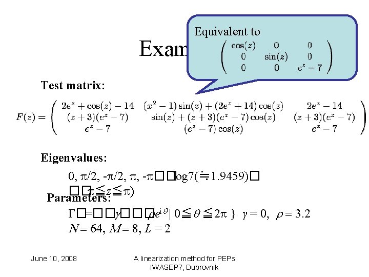 Equivalent to Example 2 Test matrix: Eigenvalues: 0, /2, - /2, , - ��log