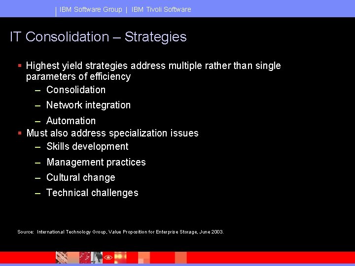 IBM Software Group | IBM Tivoli Software IT Consolidation – Strategies § Highest yield