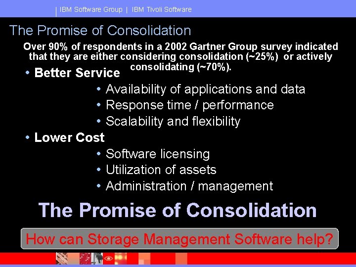 IBM Software Group | IBM Tivoli Software The Promise of Consolidation Over 90% of