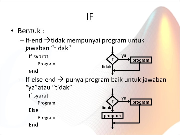 IF • Bentuk : – If-end tidak mempunyai program untuk jawaban “tidak” If syarat