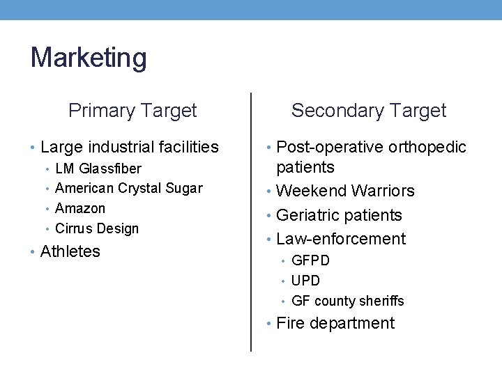 Marketing Primary Target • Large industrial facilities • LM Glassfiber • American Crystal Sugar
