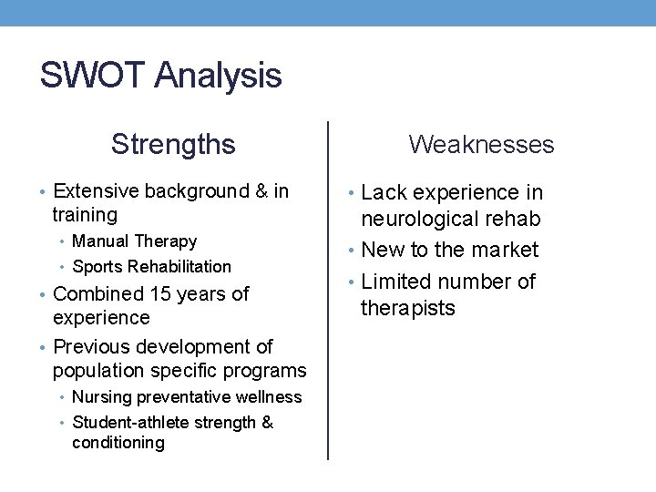 SWOT Analysis Strengths • Extensive background & in training • Manual Therapy • Sports