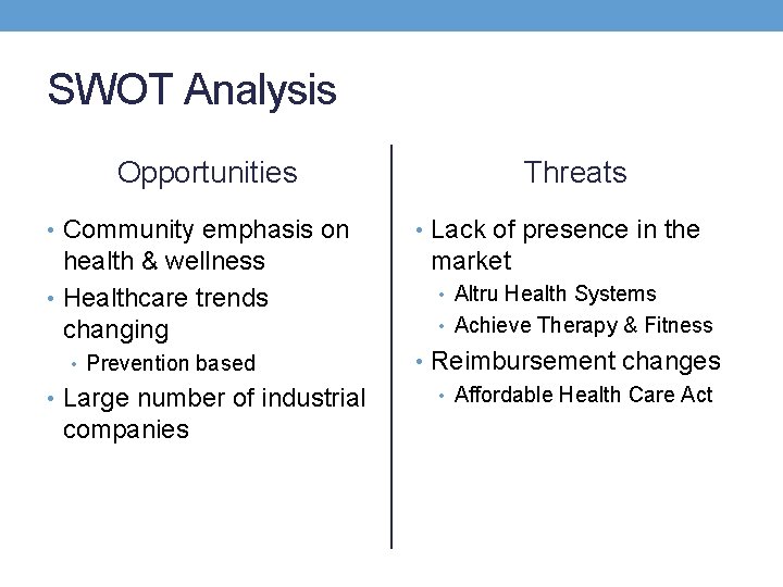 SWOT Analysis Opportunities • Community emphasis on health & wellness • Healthcare trends changing