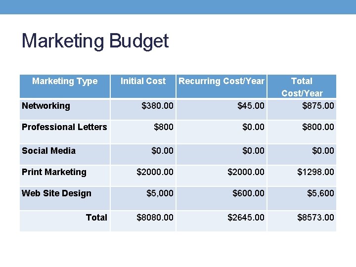 Marketing Budget Marketing Type $380. 00 $45. 00 Total Cost/Year $875. 00 Professional Letters