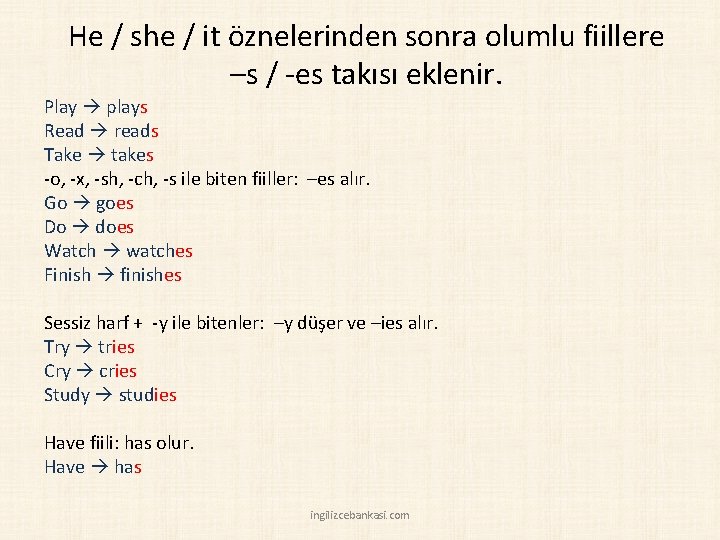 He / she / it öznelerinden sonra olumlu fiillere –s / -es takısı eklenir.