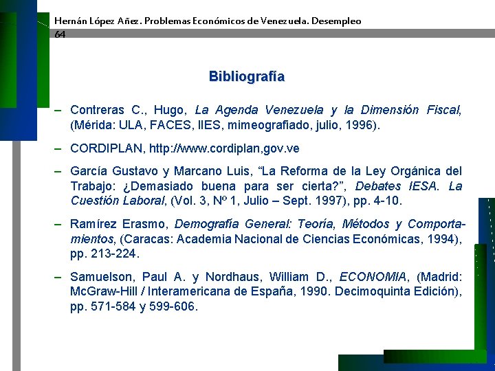 Hernán López Añez. Problemas Económicos de Venezuela. Desempleo 64 Bibliografía – Contreras C. ,